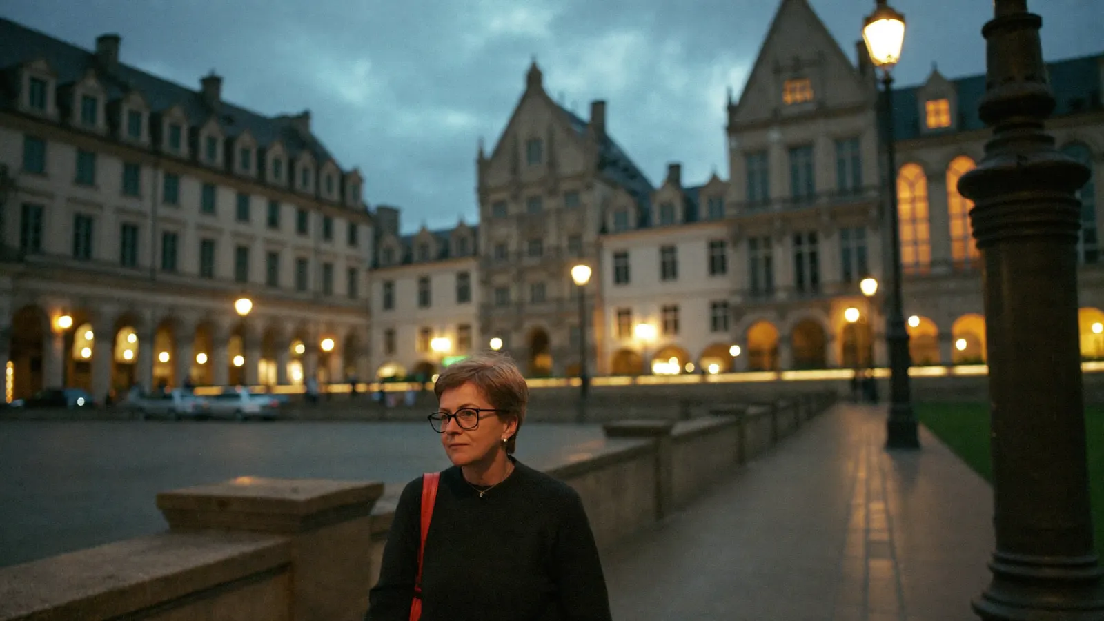 Eine Frau mit Brille geht am Abend über einen beleuchteten Platz mit historischen Gebäuden und Laternen.